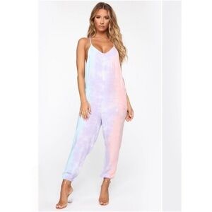 Fashion Nova Pastel Tie-Dye Jumpsuit in Lavender, Pink & Light Blue